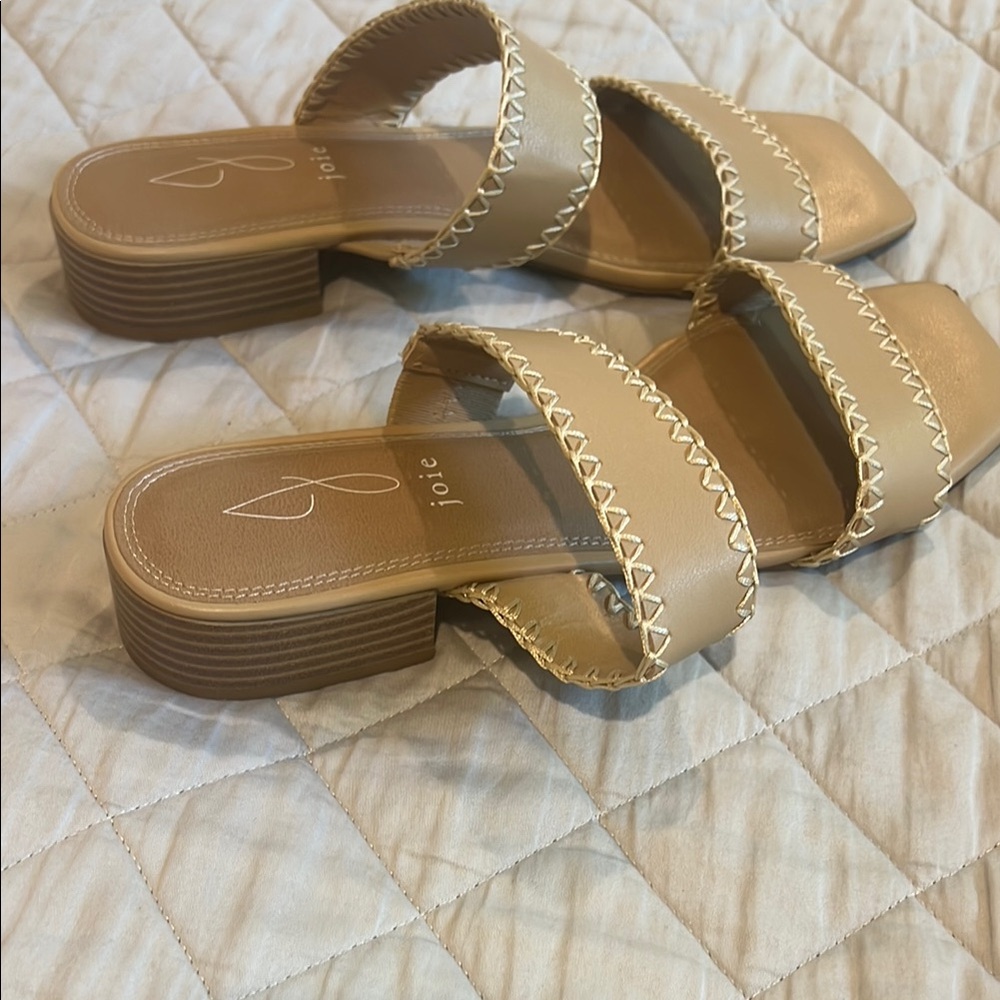 Joie Tan Slide Sandals with Scalloped Straps